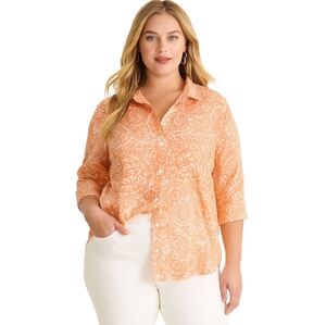 CHICOS 100% linen size 3/16 large artsy melon aboriginal print button down shirt